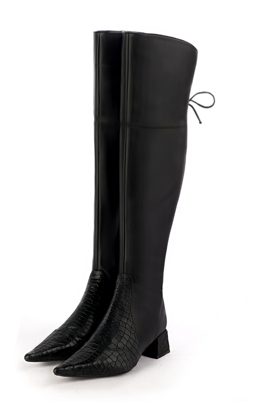 Satin black women's leather thigh-high boots. Pointed toe. Low flare heels. Made to measure. Front view - Florence KOOIJMAN